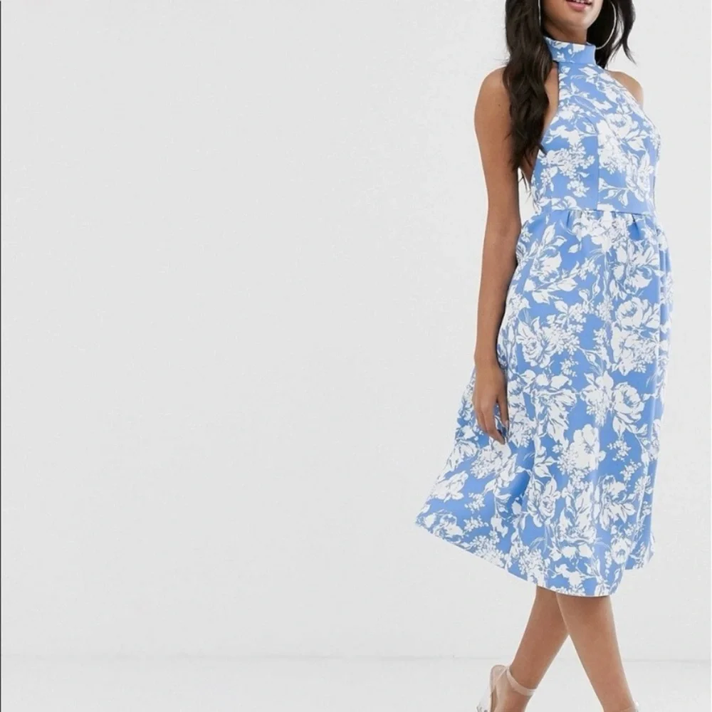 NWT ASOS Design Blue & White Floral Halter Midi Skater Fit & Flare Dress size 0 - Picture 2 of 10